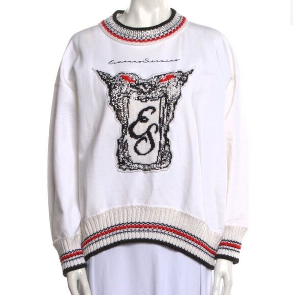 Embroidered Sweater Sweatshirt with Rhinestones Detailing White Medium - Picture 1 of 4